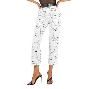Princess Polly NEW Zavia Pants Womens Size 4 Face Print White Black Ankle Length